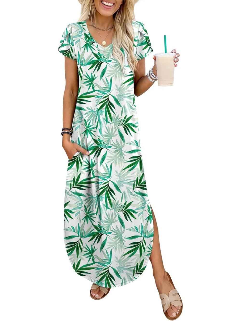 Women's Green White Floral V Neck Maxi Sundress Summer Short Sleeve Split Pocket